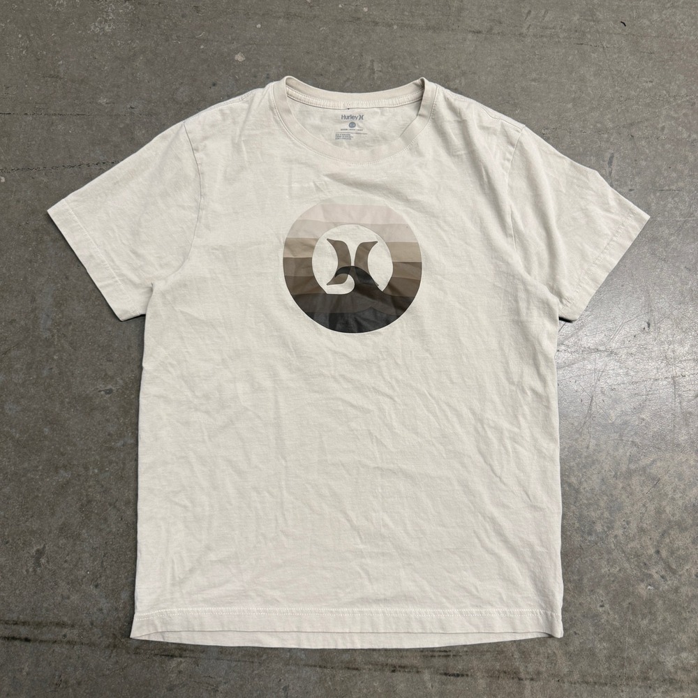 Hurley Mens Graphic T-Shirt Beige Tan Circle Logo Short Sleeve Crewneck Medium